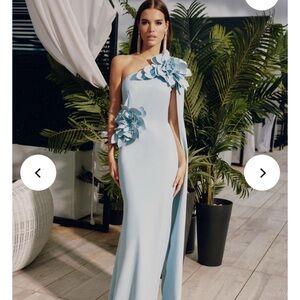 Elegant sheath, one shoulder gown in a striking pearl blue